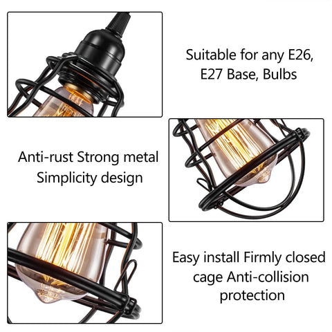 Close-up collage of Metal Light Cage Guard 4 Pack for pendant lights and wall lamps Edison bulb shield E26 E27 compatible.