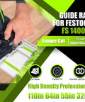 Ultra Precision 110 Inch Track Saw Guide Rail With Locking Connector For Seamless Straight Cuts And Pro Woodworking Projects, shown in use with a plunge saw.