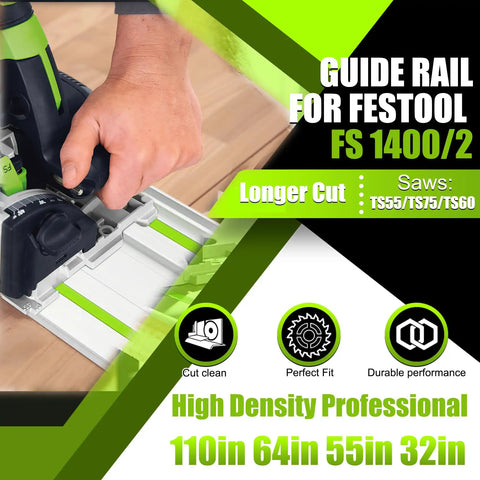 Ultra Precision 110 Inch Track Saw Guide Rail With Locking Connector For Seamless Straight Cuts And Pro Woodworking Projects, shown in use with a plunge saw.