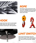 All In One Electric Hoist Winch 1500W showing galvanized steel rope, forged hook, and limit switch for 110V shops