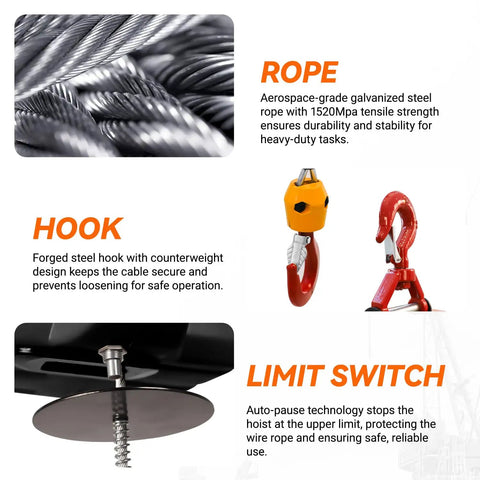 All In One Electric Hoist Winch 1500W showing galvanized steel rope, forged hook, and limit switch for 110V shops