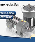 Heavy Duty Three Phase Gear Reducer Motor 380V Horizontal Variable Frequency Speed Control 100W To 7.5KW showing gear reduction and specifications.