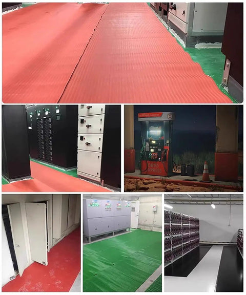 Various installations of cuttable rubber insulating mat for electrical safety on substations and factories with anti slip stripes