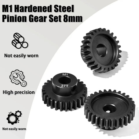 8mm Steel Pinion Gear Set 25T 27T 29T With Laser Engraved Tooth Count For 1/5 X Maxx RC Model Car Buggy Truck Upgrade Mod Gear Compatible With Brushed And Brushless Motors 3 Pcs displayed on white background