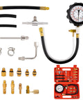Fuel pressure tester kit with 0-140 psi gauge, brass adapters, hoses, clamps, and red carrying case