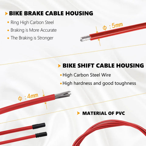 Image of Universal Bicycle Cable And Housing Replacement Kit showing red brake and shift cable housings with PVC material.
