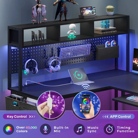 L Shaped Gaming Desk With Power Outlet LED Lights Pegboard Keyboard Tray Storage Bag Headphone Hook CPU Stand Reversible Corner Desk For Home Office Holds 3 Monitors Black, emphasizing RGB LED lighting and pegboard.