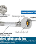 Detailed view of 12 Pack Stainless Braided Toilet Water Supply Line 12 Inch with Seven Eighths Ballcock to 3 Eighths Compression Fittings.