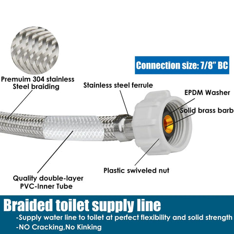 Detailed view of 12 Pack Stainless Braided Toilet Water Supply Line 12 Inch with Seven Eighths Ballcock to 3 Eighths Compression Fittings.