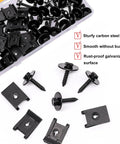 Pro Grade 50 Piece Steel Fender Liner Screw And U Nut Retainer Clip Kit For Engine Splash Shield Hex Head Automotive Body Panel Fasteners Shop Ready Gear, assorted black steel screws and clips.