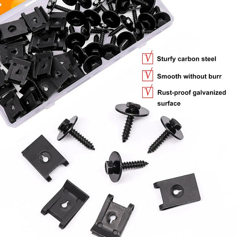 Pro Grade 50 Piece Steel Fender Liner Screw And U Nut Retainer Clip Kit For Engine Splash Shield Hex Head Automotive Body Panel Fasteners Shop Ready Gear, assorted black steel screws and clips.