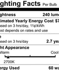 Lighting facts label with brightness 240 lumens, 60W, 2.7 years life, 2700K warm light, energy cost $7.23 based on 3 hrs/day usage.