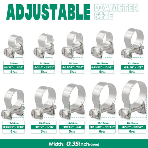 52-piece 304 stainless steel fuel line clamp set with 10 sizes (7-18 mm) for automotive hoses