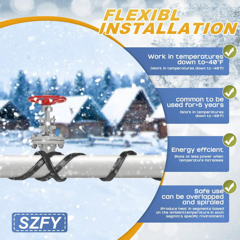 Heavy Duty Water Pipe Heat Tape for Freeze Protection in snowy landscape, showing spiral installation and valve connection details.