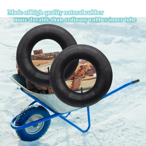 Inner Tube For 4.80 4.00 8 Inch Tires Beefy Heavy Duty Fit For Wheelbarrows shown on metal wheelbarrow with wood load