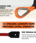 Three Eighth Inch Sixty Foot Synthetic Winch Rope With Dyneema Core 19,854 Lb Capacity showing thimble and terminal end