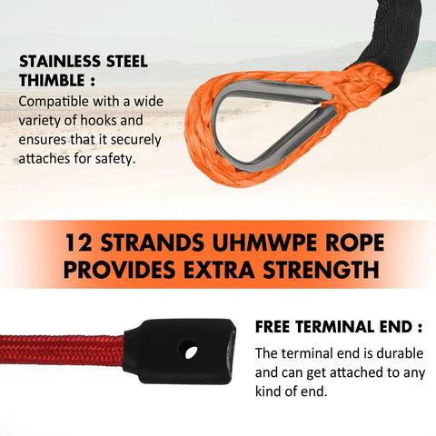 Three Eighth Inch Sixty Foot Synthetic Winch Rope With Dyneema Core 19,854 Lb Capacity showing thimble and terminal end