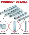 M8x60 Expansion Nut Drywall Anchors Screw Kit, 30 Sets, Self-Drilling, No-Prep Installation, Yellow Zinc Plated Carbon Steel, Rust-Resistant Thread Fixing Bolts for Secure Wall Mounts, hex head detail