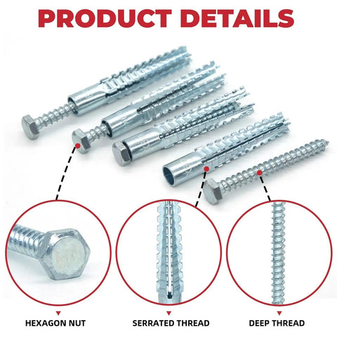 M8x60 Expansion Nut Drywall Anchors Screw Kit, 30 Sets, Self-Drilling, No-Prep Installation, Yellow Zinc Plated Carbon Steel, Rust-Resistant Thread Fixing Bolts for Secure Wall Mounts, hex head detail