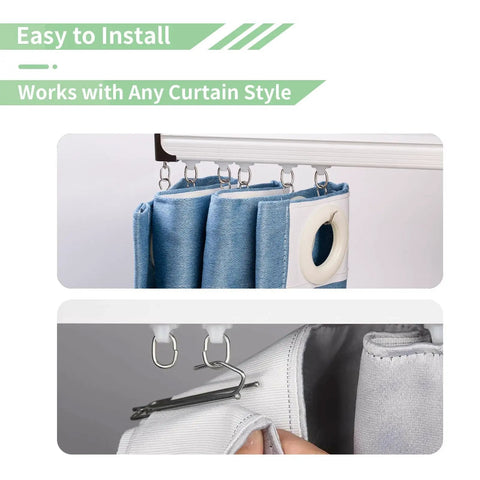 Heavy Duty Aluminum Curtain Track System With Adjustable Ceiling Or Wall Mount 3 Feet To 6 Feet Roller Hooks For Grommet And Pleated Drapes White Finish Built To Last, shown with hooks and curtain panels