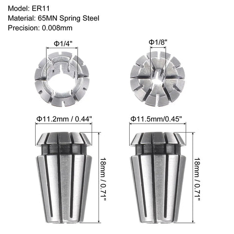 ER11 Spring Collet for CNC Milling Lathe and Engraving Machine, 1/4 Inch and 1/8 Inch Clamping Diameters, 65Mn Steel, 0.008mm Precision