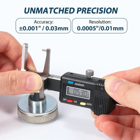 Compact 3-In-1 Mini Digital Caliper With Stainless Steel Body 0-25mm Range measuring part with LCD readout.