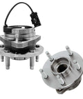 Front Wheel Bearing Hub Kit With Lug Nuts For Chevy Malibu 2004-2012, Cobalt 2008-2010, HHR 2008-2010, Pontiac G6 2005-2010, Saturn Aura 2007-2009, 5 Lug ABS Compatible shown in steel material, featuring two hub assemblies with ABS sensor wires and five lug bolts.