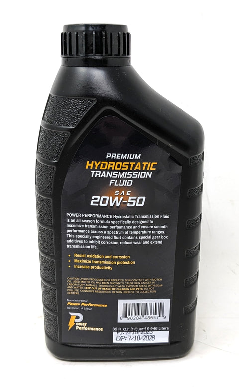 Bottle of 20W-50 hydrostatic transmission fluid from Transaxle Hydro Change Kit, 10 Quarts Of 20W-50 Fluid, With Two Filters.