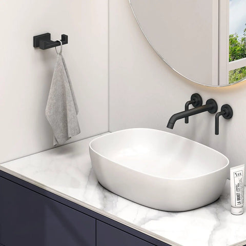 Modern bathroom with Matte Black Stainless Steel Double Towel Hooks For Wall Mount, SUS304 Robe Coat Hangers beside sink