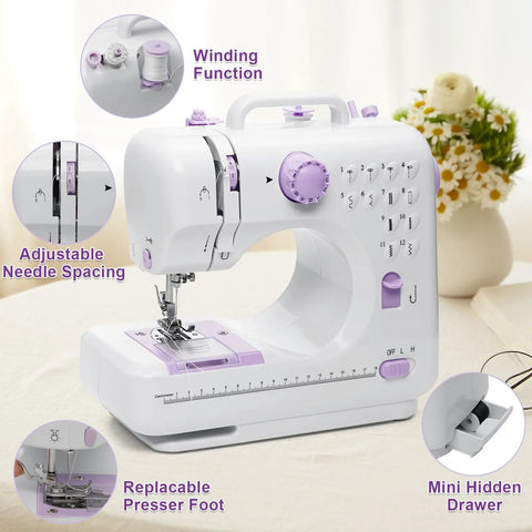 No Fuss Pocket Rocket Mini Sewing Machine With Foot Pedal And Night Light Boasts Twelve Built In Stitches For Diy Crafting And Quick Fixes Lightweight Handheld Design For Beginners features adjustable needle spacing and a mini hidden drawer.