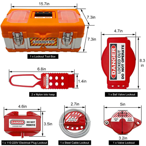 A Complete Lockout Tagout Kit For Electrical Panels With Clamp On Circuit Breaker Locks That Supports Group Lockout Hasps And Tags OSHA Compliant Includes Universal Multi Pole Breaker Lockout For Station Use In Bright Orange Box.