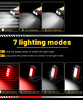 Image showing 7 lighting modes of rechargeable LED magnetic work light 2 pack with USB charging, including high, low, COB, and red flash.