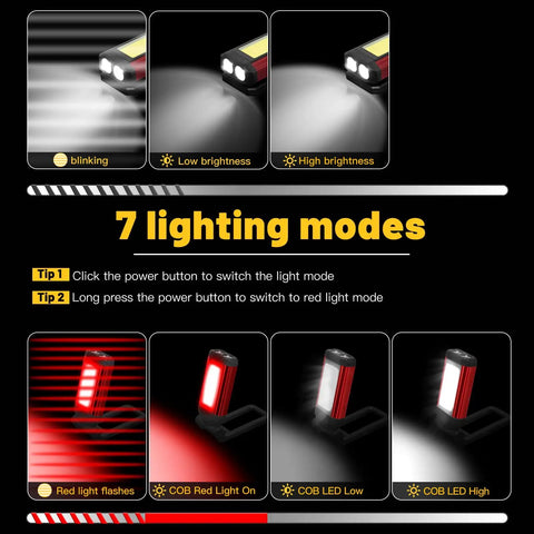 Image showing 7 lighting modes of rechargeable LED magnetic work light 2 pack with USB charging, including high, low, COB, and red flash.