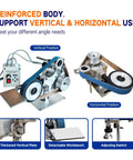 750W Variable Speed Belt Grinder Sander With VFD Control And 2 Molds showcased in vertical and horizontal positions for diverse usage.