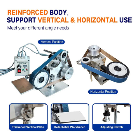 750W Variable Speed Belt Grinder Sander With VFD Control And 2 Molds showcased in vertical and horizontal positions for diverse usage.