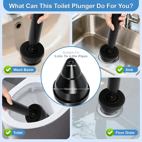 Heavy Duty Air Pressure Toilet Plunger That Will Blast Through Stubborn Kitchen Sink Or Floor Drain Clogs Fast Save A Buck Straight Up Skipping Awful Plumber Calls With Ergonomic Pump Handle And Strong Suction in action on sink, toilet, and wash basin.