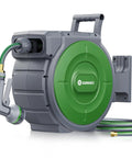 Gray green Garden Retractable Hose Reel with Slow Return System, Five Eighth Inch by 85 Feet, mounted on wall, hose visible