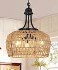 Straight Up Gorgeous Farmhouse Chandelier Featuring Three Woven Rattan Shades, 12.6 inch diameter, black metal and natural rattan.
