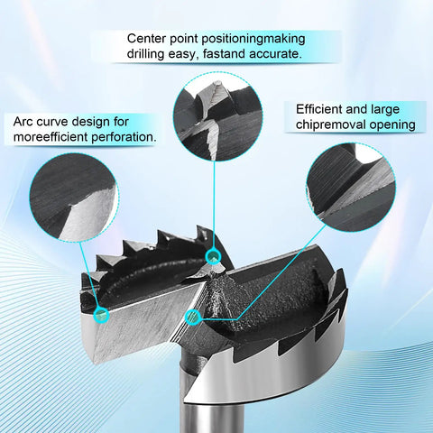 Heavy Duty Carbon Steel Forstner Drill Bit showing center point and arc curve design for precise, smooth drilling in wood and plastic.