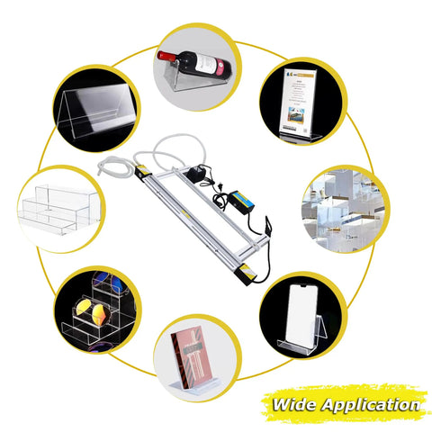 INTSUPERMAI Acrylic Plastic Bender 23.6 Inch Manual PVC Strip Heater with Light Box shown with various display applications.