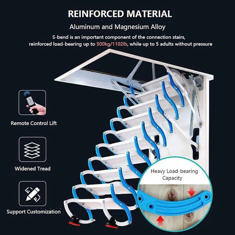 Heavy Duty Electric Pull Down Attic Ladder With Smooth Remote Control And Top Shelf Adjustable Handrails, aluminum and magnesium alloy construction.