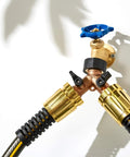 Heavy Duty Brass Dual Outlet Faucet Adapter Lets You Split One Faucet Into Two Hose Outlets With Separate Ball Valve Levers For Easy Flow Control Durable Brass Construction Handles High Water Pressure Brown Finish on two hoses