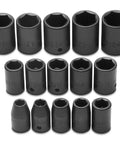 15-piece Six Point Metric Impact Socket Set for Half Inch Drive, 10Mm Through 24Mm, includes socket bar and clips, organized display