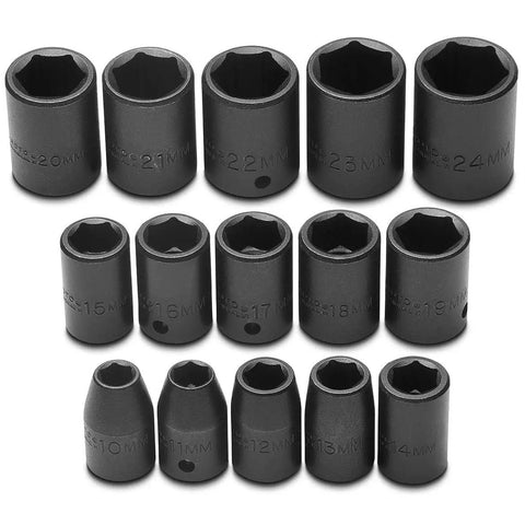 15-piece Six Point Metric Impact Socket Set for Half Inch Drive, 10Mm Through 24Mm, includes socket bar and clips, organized display