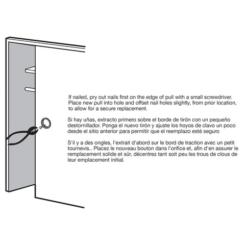 Installation guide for 2-Inch Satin Nickel Closet Door Finger Pull, showing screwdriver use for replacing damaged or missing door handles.