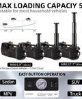 Electric Hydraulic Car Jack Kit 5 Ton 12V Portable Floor Lift with diagram showing lift height and easy button operation.