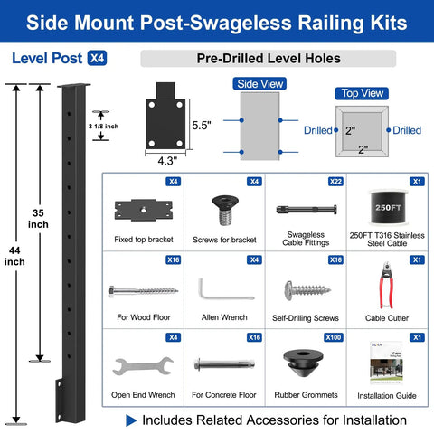 36 Inch Side Mount Cable Railing Post Kit With Fascia Deck Brackets Slick Black Swageless Stainless Steel Cable Rails installation accessories diagram.