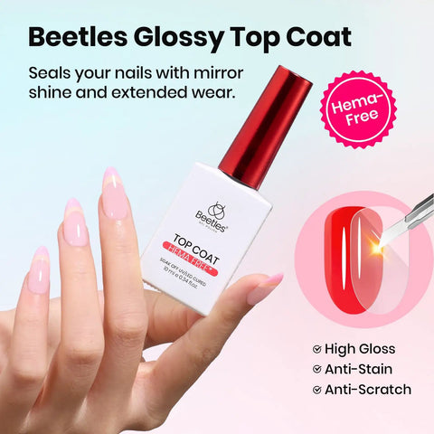 Pro Grade HEMA Free And TPO Free Gel Base And Top Coat Set With No Wipe Top Coat bottle and glossy manicure close-up.