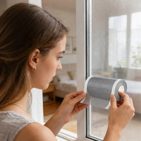 Woman applying DIY Window Screen Repair Tape Waterproof Mesh Patch for home bedroom living room bathroom kitchen dorm office garage holes.