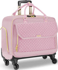 Pink TSA friendly rolling laptop bag for women with four spinner wheels and telescopic handle.